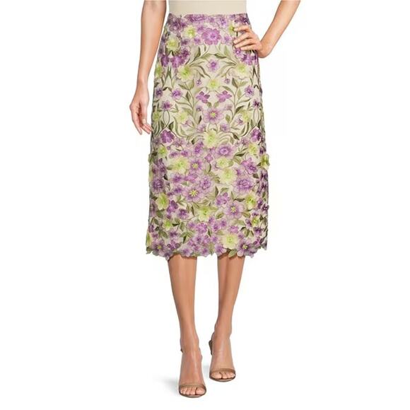 Muse by Marchesa Cynthia Floral Novelty Embroidered Pencil Midi Skirt US 0 NWT